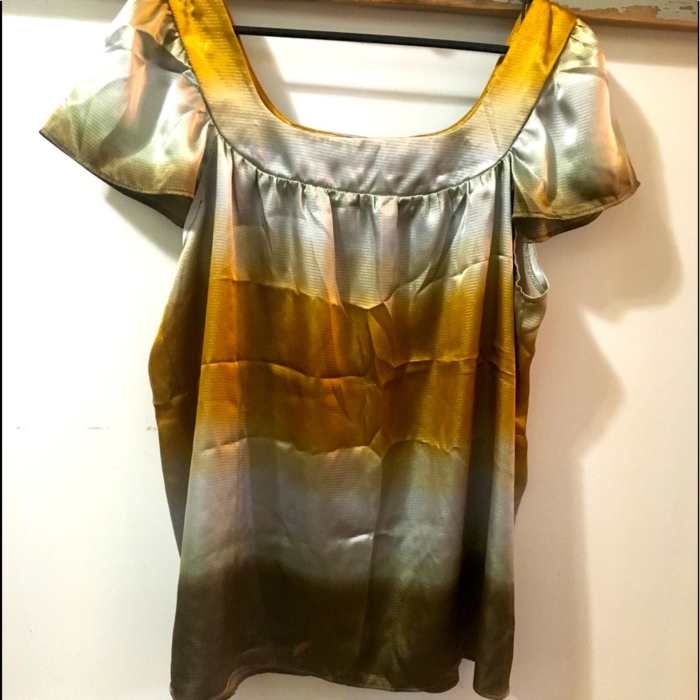 Lane Bryant Gold and Green Ombre Satin Scoop Neck Blouse